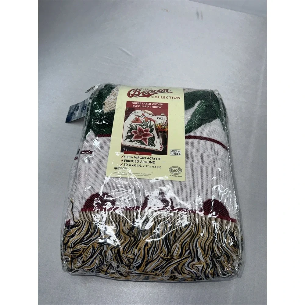 Vtg Beacon Knit Jacquard Throw Tapestry 50 x 60 Lily Stamp Blanket Made USA